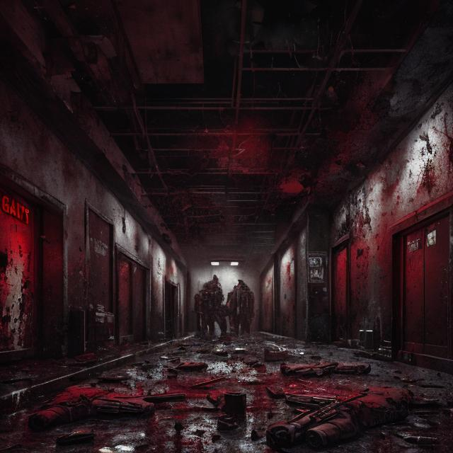 Prompt: Dead guards, scattered dollars, red and black color tones, atmospheric lighting, highres, detailed weapons, intense and dramatic, crime scene, blood spatter, gritty, noir, dark shadows, abandoned bank, ominous atmosphere, thriller, intense focus, professional, realistic rendering, moody lighting