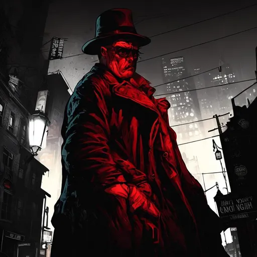 Prompt: Noir-style digital art of Noirville at night, dark and gritty atmosphere, shadowy figures lurking, criminal underworld, moody cityscape with dim streetlights, intricate details, high contrast, noir style, dark and gritty, intense shadows, dramatic lighting, criminal underworld, atmospheric cityscape