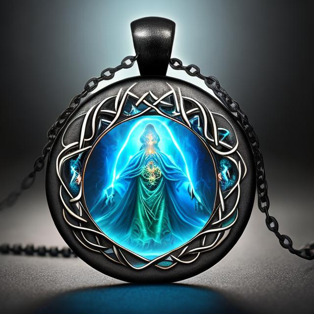 Prompt: Create  an image of a Pendant that is mystical that can open the underworld which has two halves with a dark and beaming light background