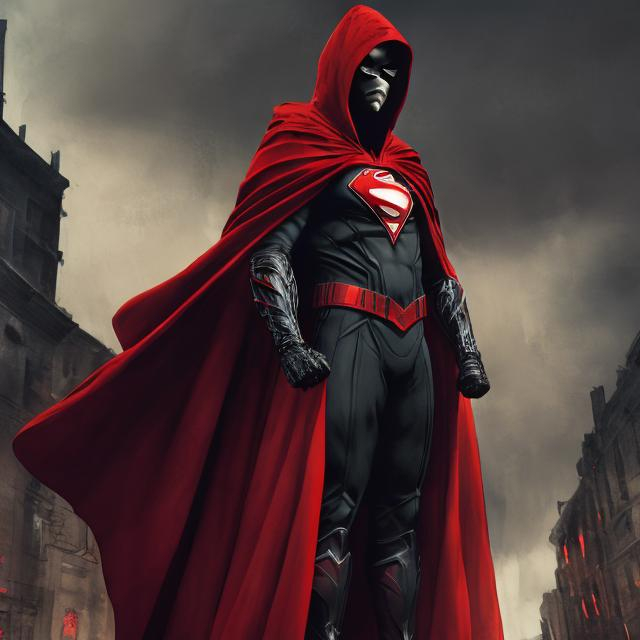 Prompt: Superhero in black and red suit, red eagle on chest, cloak and hood, intense gaze, high-quality illustration, detailed costume, comic book style, dark and dramatic lighting, red eyes, superhero, dramatic, intense, highres, detailed costume, comic book, dark tones, red and black standing on a building with his cloak blowing in the wind