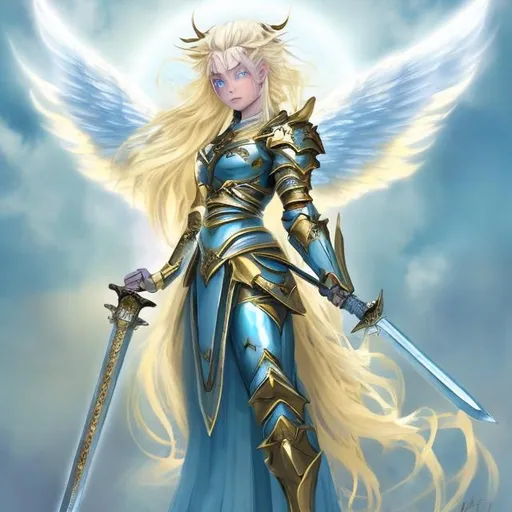 Prompt: Create an image of an Angel  a female with Gold and light blue warrior armour with long blonde hair  and blue eyes with a sword  in the sky bright in colour