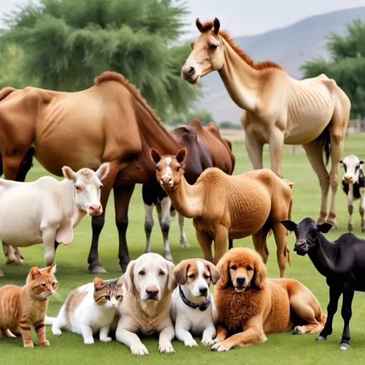 Prompt: Natural photo of domestic animals, including dogs, cats, cows, horses, and camels