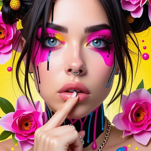 Prompt: A striking portrait of a young woman captures the viewer’s attention with its vivid and expressive color palette, blending bold splashes of blue, pink, and yellow across her face and hair. Her large, piercing blue eyes are accentuated by dramatic eyeliner and bold lashes, while intricate facial piercings, including a septum ring and lip piercings, add an edgy flair. Streaks of black paint drip down her face, contributing to a sense of emotional depth, as she gently rests her finger against her lips, suggesting contemplation or uncertainty. The surrounding floral elements and the dynamic brushwork give the composition a lively, almost dreamlike quality, evoking a blend of vulnerability and strength in her expression. The overall effect creates a captivating narrative that intertwines beauty and rebellion.