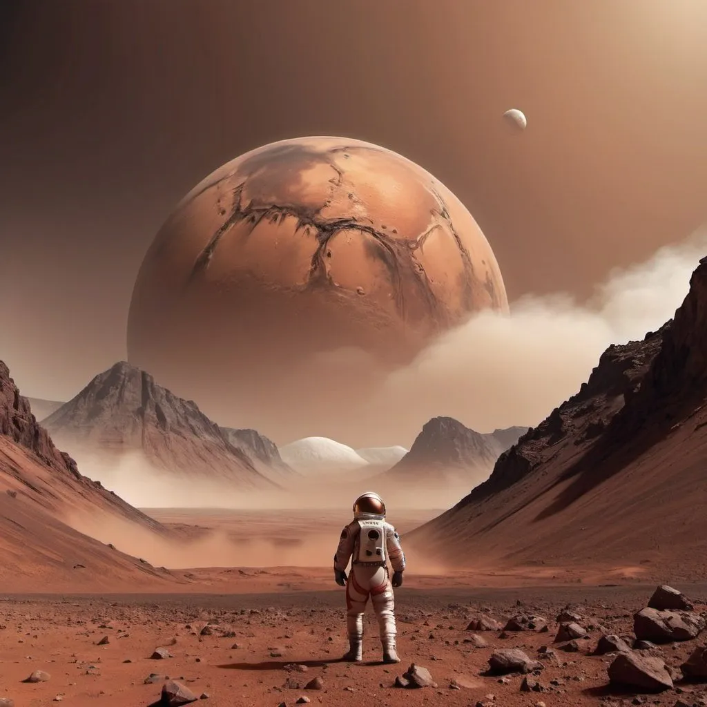 Prompt: mars landscape , with some mountains and approaching dust storm , there's a astronaut close tot the camera looking towards the mountains