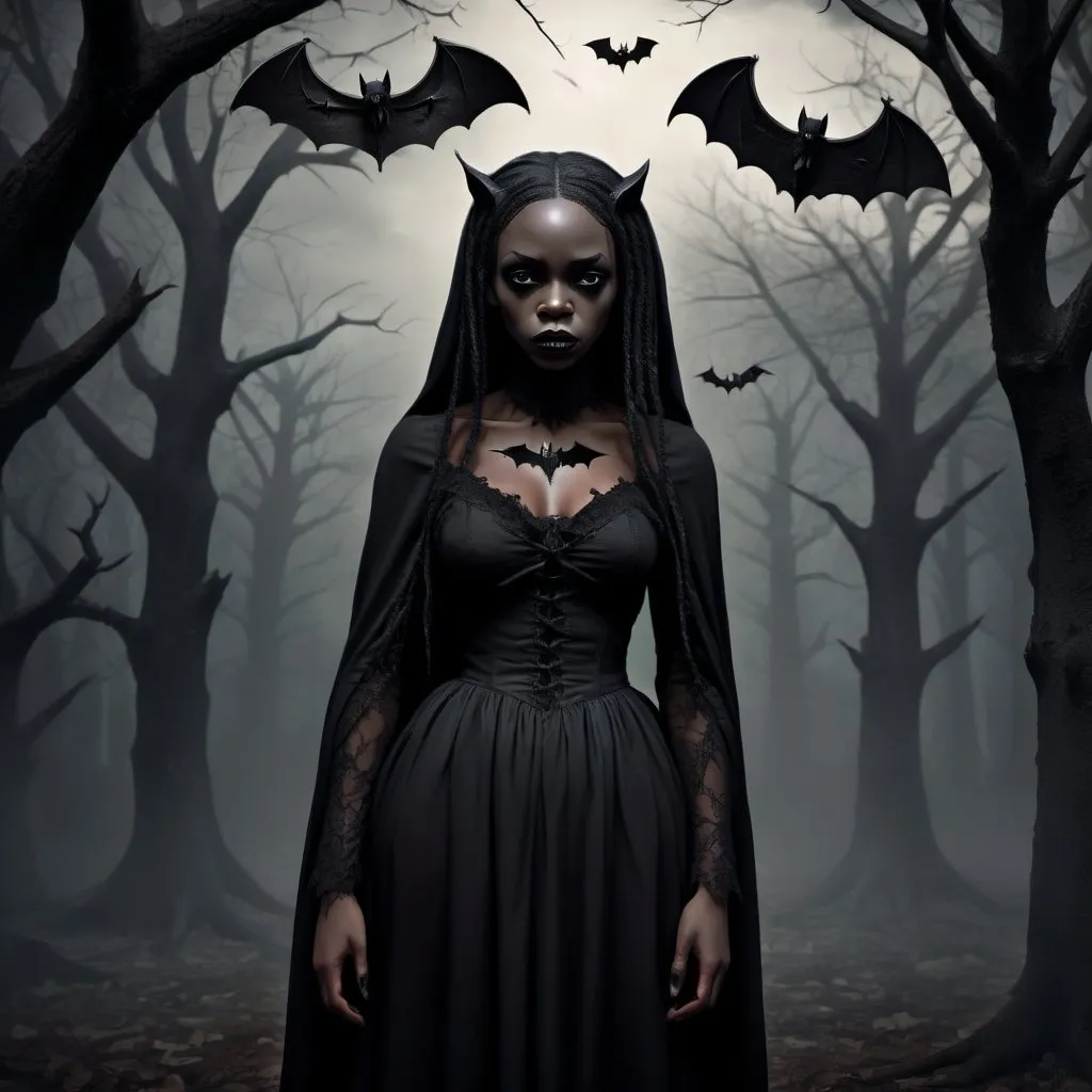 Prompt: A gothic black woman is in mourning. Her face is doll like and cracked and her limbs are (((long))). Her skin is quite pale. She is showing fear and anger. She is wearing dark colors. There are bats watching her from the trees. full body view macabre and dark fantasy

