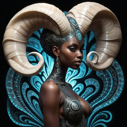 Prompt: Visualize a (((full body hybrid ram black woman embracing ))) with delicate yet intricate (((hyper fractal patterns))) soft pastel bioluminescence gigantic lush tail

