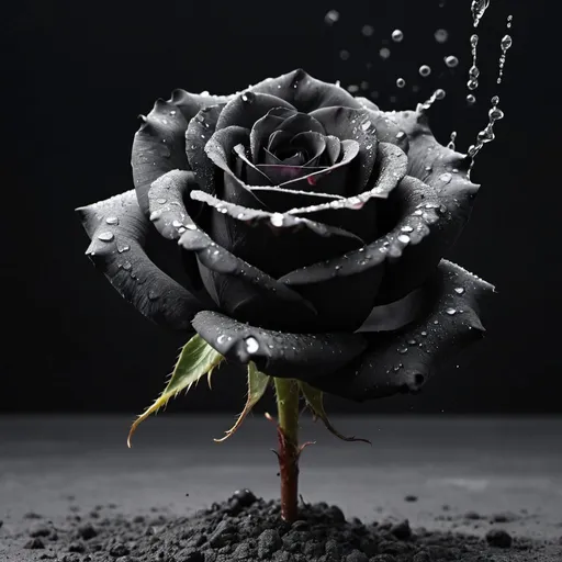 Prompt: Black art nano splash evaporating black roses growing through concrete ground particle implosion drop and micro splash on black damp background infinity

