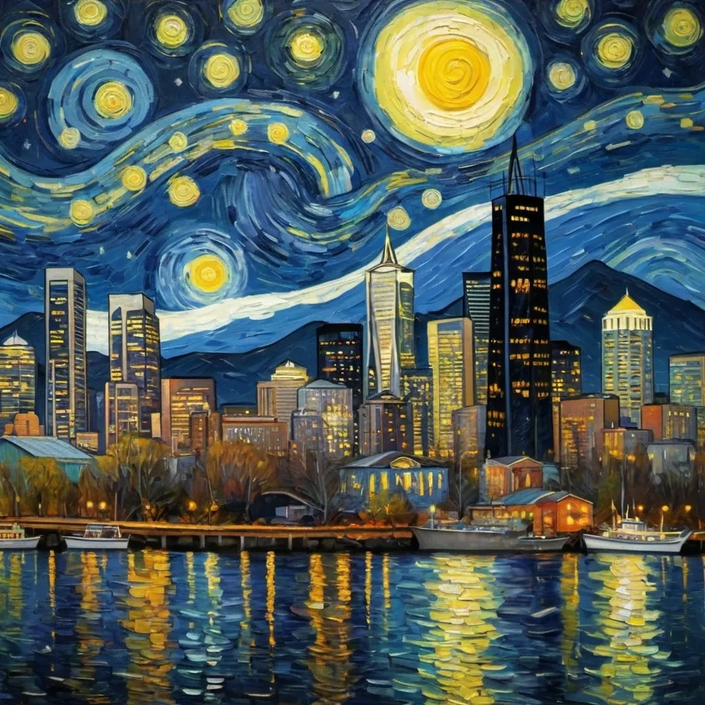 Prompt: Van gogh starry night Seattle city skyline
