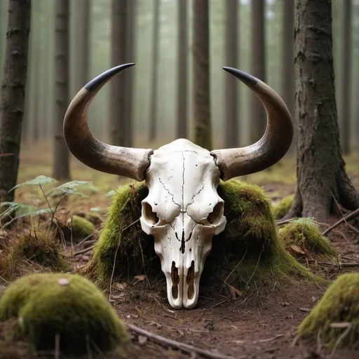 Prompt: bull skull in the forest with a herd of bulls