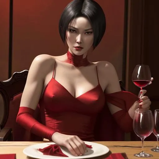 Prompt: Ada Wong in a red silk dress, sitting by the dinner table with a glass of wine in her hand, looking across the table at me annoyed.