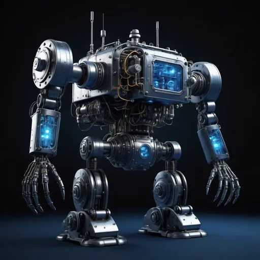 Prompt: Blueprint of deepwater-proof buddy robot made from nuclear warbot parts, industrial 3D rendering, robotic arms with intricate details, radioactive glow, underwater environment with deep blue tones, high-res, detailed, industrial, futuristic, underwater, robotic arms, radioactive glow, BLUEPRINT design, deep black tones, 3D rendering with schematics for different parts and wiring