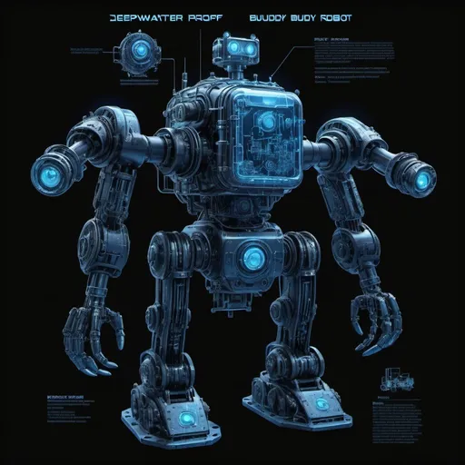 Prompt: Blueprint of deepwater-proof buddy robot made from nuclear warbot parts, industrial 3D rendering, robotic arms with intricate details, radioactive glow, underwater environment with deep blue tones, high-res, detailed, industrial, futuristic, underwater, robotic arms, radioactive glow, BLUEPRINT design, deep black tones, 3D rendering