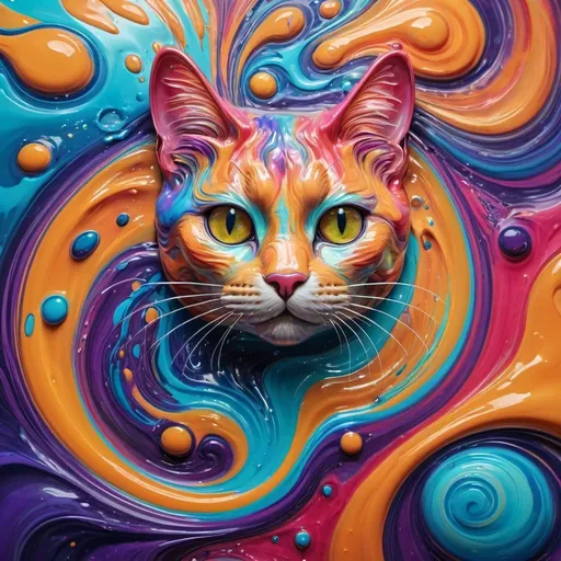 Prompt: Liquid cat, fluid art painting, swirling patterns, high quality, surreal, vibrant colors, playful and whimsical, liquid textures, mesmerizing details, fantasy, colorful lighting, flowing and dynamic, dreamy, glossy finish, cat with fluid form, artistic, abstract, surreal, vibrant, high-quality, playful, colorful lighting