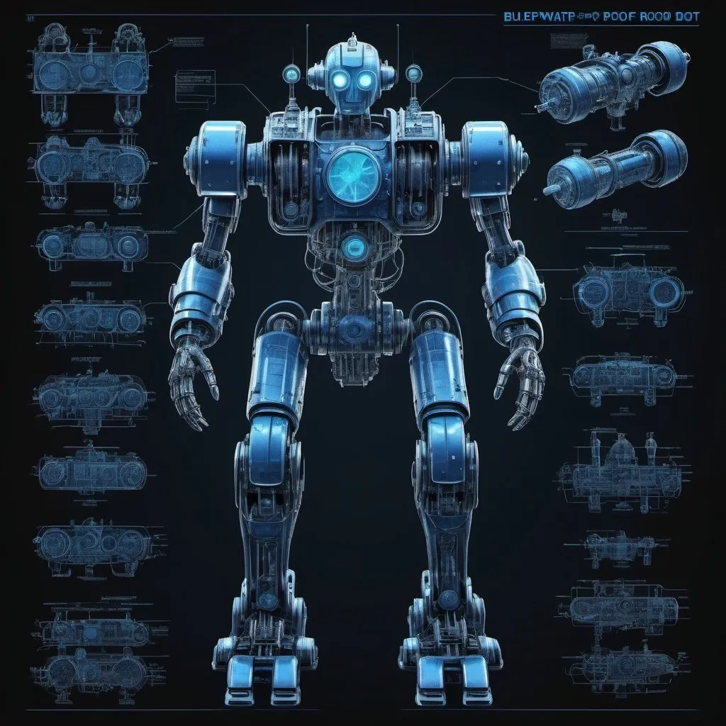 Prompt: Blueprint of deepwater-proof buddy robot made from nuclear warbot parts, industrial 3D rendering, robotic arms with intricate details, radioactive glow, underwater environment with deep blue tones, high-res, detailed, industrial, futuristic, underwater, robotic arms, radioactive glow, BLUEPRINT design, deep black tones, 3D rendering with schematics for different parts and wiring