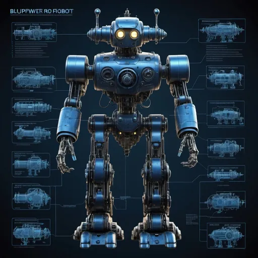 Prompt: Blueprint of deepwater-proof buddy robot made from nuclear warbot parts, industrial 3D rendering, robotic arms with intricate details, radioactive glow, underwater environment with deep blue tones, high-res, detailed, industrial, futuristic, underwater, robotic arms, radioactive glow, BLUEPRINT design, deep black tones, 3D rendering with schematics for different parts and wiring