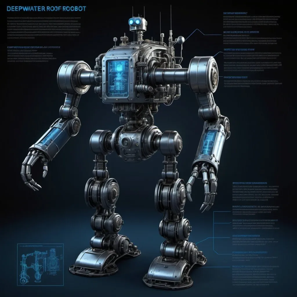 Prompt: Blueprint of deepwater-proof buddy robot made from nuclear warbot parts, industrial 3D rendering, robotic arms with intricate details, radioactive glow, underwater environment with deep blue tones, high-res, detailed, industrial, futuristic, underwater, robotic arms, radioactive glow, BLUEPRINT design, deep black tones, 3D rendering with schematics for different parts and wiring