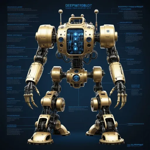 Prompt: Blueprint of deepwater-proof buddy robot made from nuclear warbot parts, industrial 3D rendering, robotic arms with intricate details, radioactive glow, underwater environment with deep blue tones, high-res, detailed, industrial, futuristic, underwater, robotic arms, radioactive glow, BLUEPRINT design, deep black tones, 3D rendering