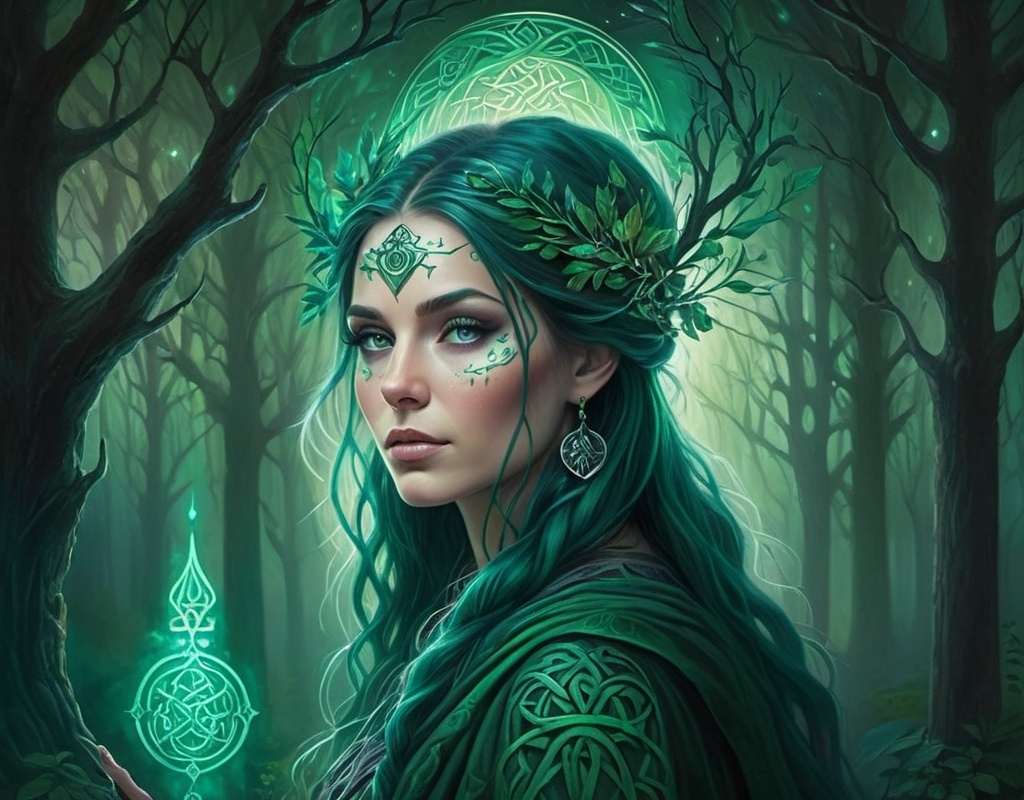 Prompt: Wiccan Druid with spectral motifs, humanoid, nonhuman, celtic, gaelic, misty forest setting, detailed mystical tattoo, high quality, oil painting, spectral green color scheme, spiritual, misty tones, atmospheric lighting, detailed, highly detailed, mystical, spiritual, realistic, oil painting, misty forest scene, celtic motifs, gaelic influence, spectral motifs, detailed mystical tattoo