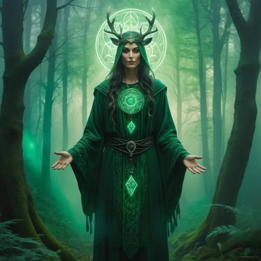 Prompt: Wiccan Druid with spectral motifs, misty forest setting, detailed mystical tattoo, high quality, oil painting, spiritual, misty tones, atmospheric lighting, mystical, spectral green color scheme