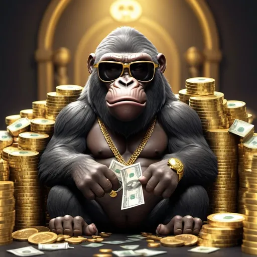 Prompt: Disney pixar character, 3d render style, sheikh gorilla ape surrounded by money and gold, cinematic colors, he is wearing sunglasses, he is badass, standing, strong attitude 