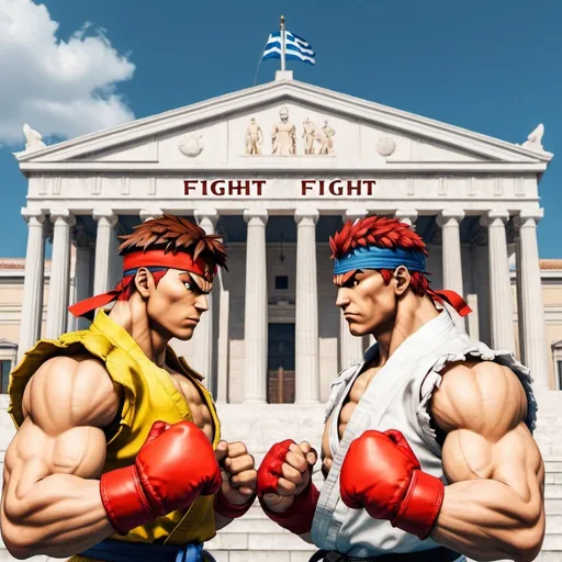 Prompt: Put two street fighter game characters in front of the Greek parliament and on top center write the word fight with street fighter game fonts 