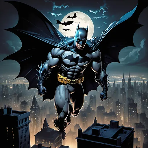 Prompt: (batman in a detailed costume), (dramatic comic book panel), bat flying over head, a city skyline at night, (fantasy art), dark tones with deep shadows and vibrant contrasts, moody atmosphere, dynamic poses, emphasizing heroism, intricate details in the costume, high-quality composition, (Artgerm style), captivating expression, ultra-detailed perspective.