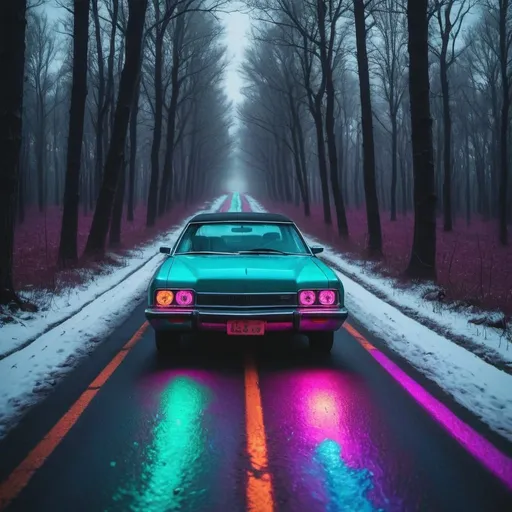 Prompt: driving down a dark road in the woods during winter in a psychedelic car
