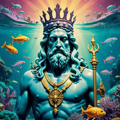 Prompt: Poseidon wearing a crown under the water in a psychedelic ocean with small fish swimming nearby