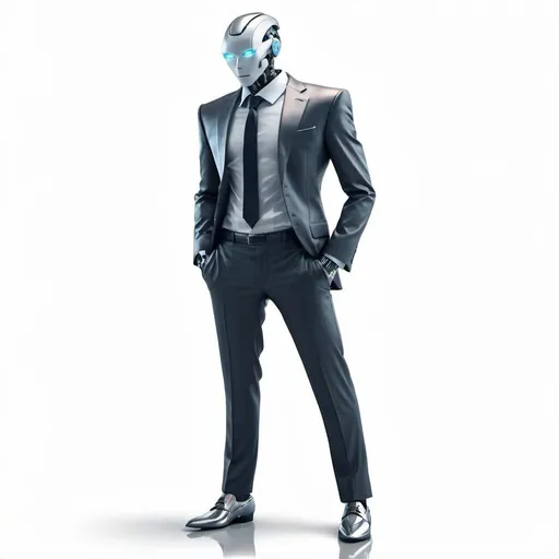 Prompt: Humanoid robot wearing a business suit and dress shoes, sophisticated and professional look, futuristic cityscape backdrop, high quality, realistic, futuristic, metallic tones, sleek design, detailed features, atmospheric lighting