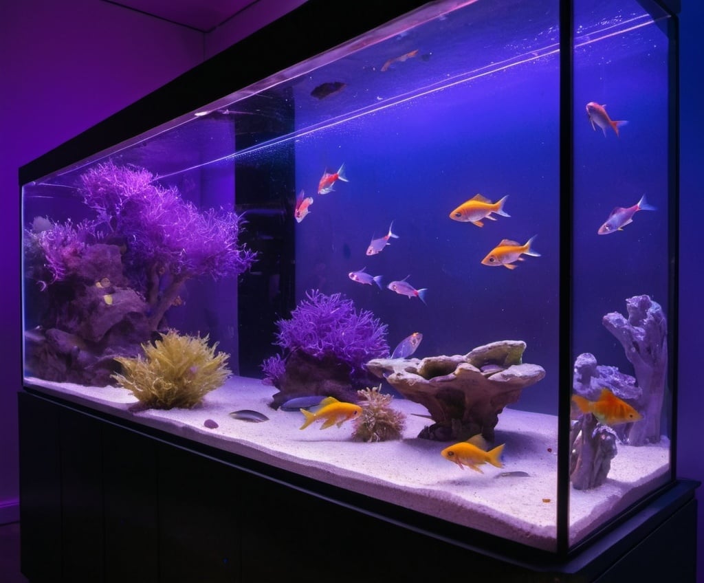 Prompt: a fish tank with a variety of fish in it and purple lighting in the background, with a fish in the foreground, Damien Hirst, synchromism, ambient lighting, a hologram