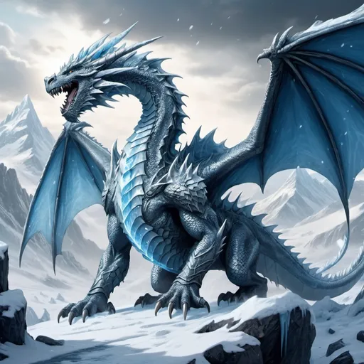 Prompt: (ice dragon), epic (fantasy), majestic creature exhaling (icicles), flying over lofty (mountain), attacking dwarven army, (dramatic lighting) creating sharp contrasts, vibrant icy blues, whites, and silvers, tense and (high-stakes atmosphere), ice shards shimmering in cold moonlight, dwarves in detailed battle armor, visible breath in cold air, rocky, snow-covered landscape, cinematic masterpiece, ultra-detailed, 4K resolution, visually stunning ultra-realistic fantasy artwork.