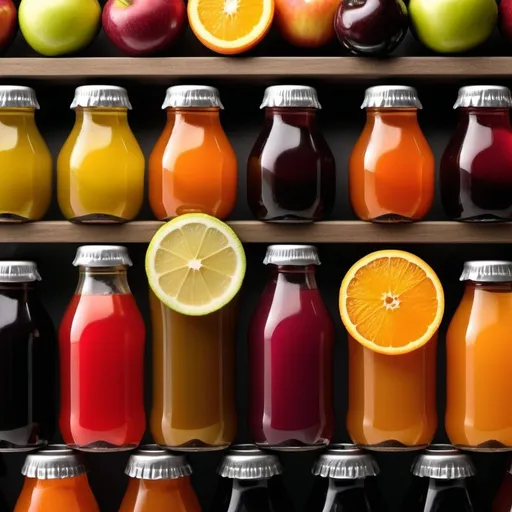 Prompt: Create a picture of unbranded soft drinks in glass bottles with caps.  flavors (Tamarindo, Limon, Orange, Sangria, Apple).