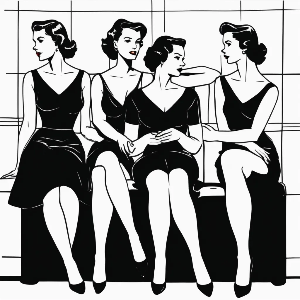 Prompt: Simple 1950s sharpie drawing black and white only. I'd like 3 frontal women sitting with slender legs crossed. I want a few things in a simple illustration style