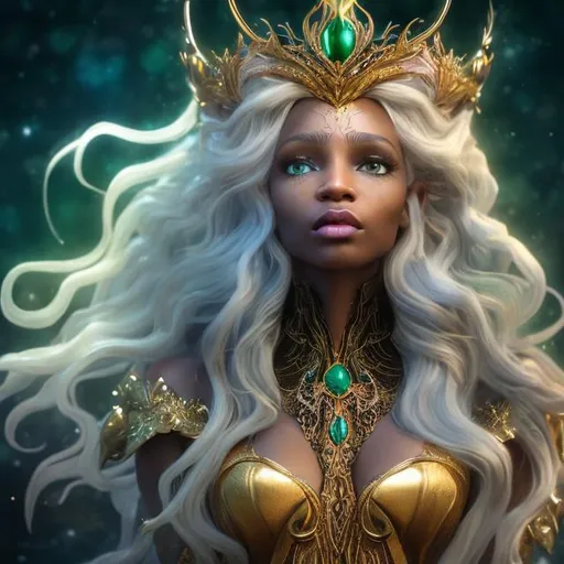 Prompt:  35 year old beautiful brown skinned elf woman in fantasy attire, long wavy bleach white hair, adorned with a gold queen's crown and a gold necklace with a silver wedding ring, bright green eyes with dark blue eyeshadow, soft, kind face, luxurious fantasy dress in dark blue and pale orange, full body, high quality, fantasy, detailed hair, elegant, regal, soft lighting