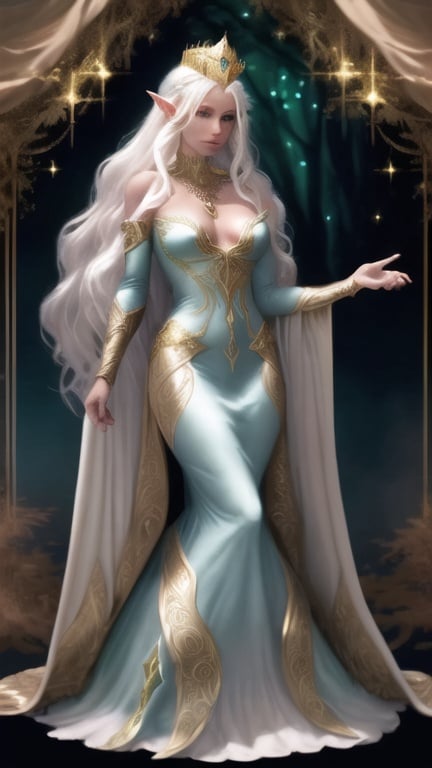 Prompt:  35 year old beautiful elf woman in fantasy attire, long wavy bleach white hair, adorned with a gold queen's crown and a gold necklace with a silver wedding ring, bright green eyes with dark blue eyeshadow, soft, kind face, light brown skin, luxurious fantasy dress in dark blue and pale orange, full body, high quality, fantasy, detailed hair, elegant, regal, soft lighting, enchanted forest setting
