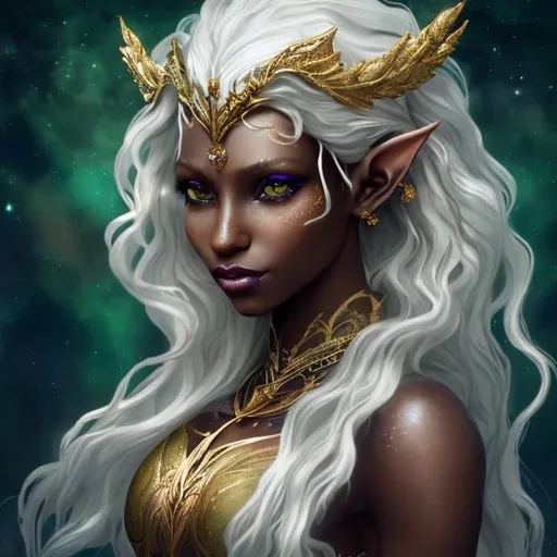 Prompt:  35 year old beautiful brown skinned elf woman in fantasy attire, long wavy bleach white hair, adorned with a gold queen's crown and a gold necklace with a silver wedding ring, bright green eyes with dark blue eyeshadow, soft, kind face, luxurious fantasy dress in dark blue and pale orange, full body, high quality, fantasy, detailed hair, elegant, regal, soft lighting