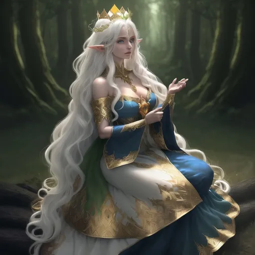 Prompt: Beautiful elf woman in fantasy attire, long wavy bleach white hair, adorned with a gold queen's crown and a gold necklace with a silver wedding ring, bright green eyes with dark blue eyeshadow, soft, kind face, tanned skin, luxurious fantasy dress in dark blue and pale orange, full body, high quality, fantasy, detailed hair, elegant, regal, soft lighting, enchanted forest setting