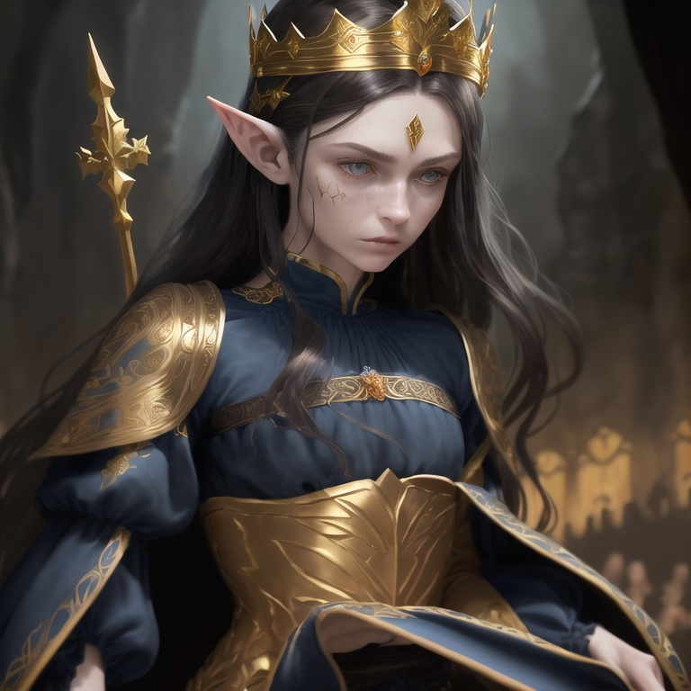 Prompt: High-quality fantasy illustration of a solemn 43-year-old elf man, detailed long dark brown hair in a half up bun, pale skin, dark blue eyes, expressionless face, wearing a luxurious gold kings crown, very noticable distinctive large scar across face, adorned in a dark blue renaissance shirt with intricate orange flower embroidery, puffy black pants, adorned with gold rings and a silver wedding band, full-body, fantasy, detailed hair, regal attire, highres, realistic, atmospheric lighting, fantasy setting, professional
