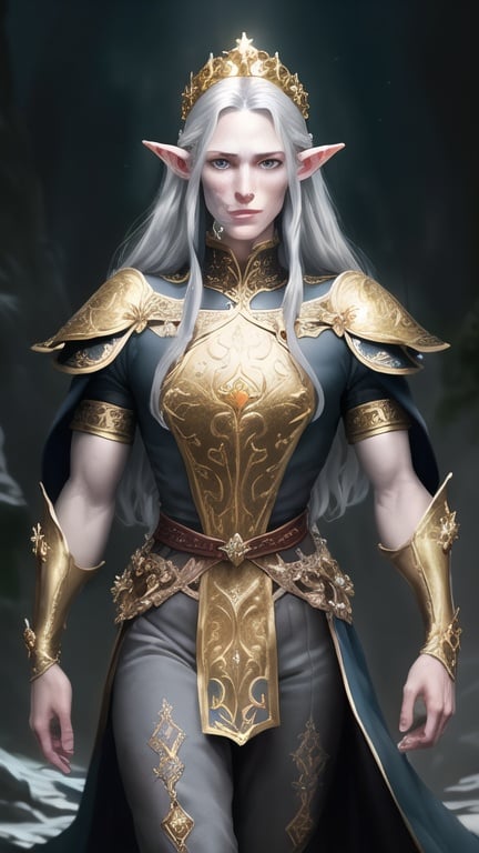 Prompt: High-quality fantasy illustration of a solemn 43-year-old elf man, detailed long dark brown hair turning grey in a half up bun, pale skin, dark blue eyes, expressionless face, wearing a luxurious gold kings crown, distinctive large scar across face, adorned in a dark blue renaissance shirt with intricate orange flower embroidery, puffy black pants, adorned with gold rings and a silver wedding band, full-body, fantasy, detailed hair, regal attire, highres, realistic, atmospheric lighting, fantasy setting, professional