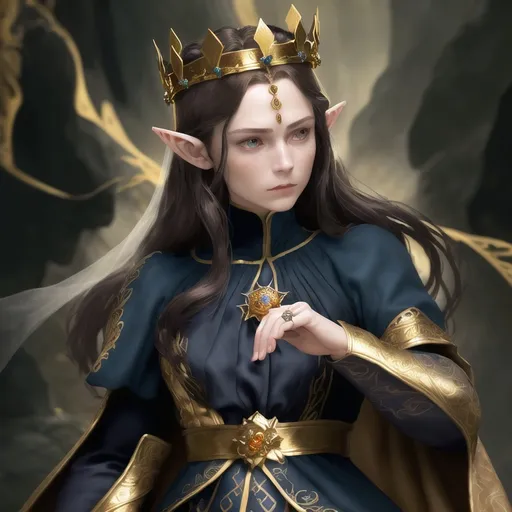 Prompt: High-quality fantasy illustration of a solemn 43-year-old elf man, detailed long dark brown hair in a half up bun, pale skin, dark blue eyes, expressionless face, wearing a luxurious gold kings crown, distinctive large scar across face, adorned in a dark blue renaissance shirt with intricate orange flower embroidery, puffy black pants, adorned with gold rings and a silver wedding band, full-body, fantasy, detailed hair, regal attire, highres, realistic, atmospheric lighting, fantasy setting, professional