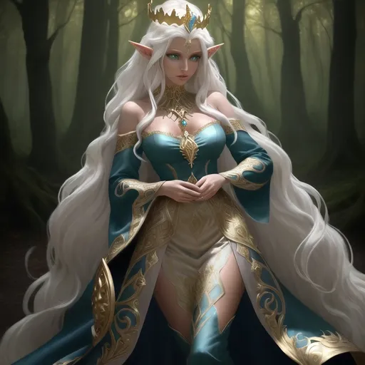 Prompt: Beautiful elf woman in fantasy attire, long wavy bleach white hair, adorned with a gold queen's crown and a gold necklace with a silver wedding ring, bright green eyes with dark blue eyeshadow, soft, kind face, tanned skin, luxurious fantasy dress in dark blue and pale orange, full body, high quality, fantasy, detailed hair, elegant, regal, soft lighting, enchanted forest setting
