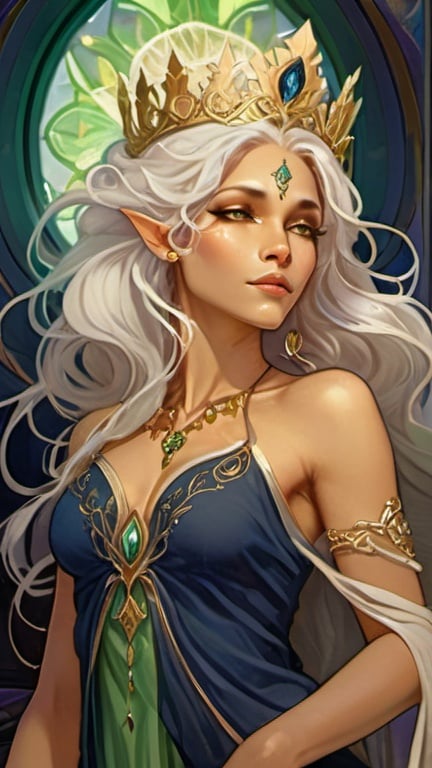 Prompt:  35 year old beautiful elf woman in fantasy attire, long wavy bleach white hair, Brown skin, adorned with a gold queen's crown and a gold necklace with a silver wedding ring, bright green eyes with dark blue eyeshadow, soft, kind face, luxurious fantasy dress in dark blue and pale orange, full body, high quality, fantasy, detailed hair, elegant, regal, soft lighting
