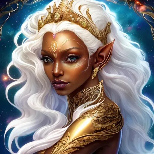 Prompt:  35 year old beautiful brown skinned elf woman in fantasy attire, long wavy bleach white hair, adorned with a gold queen's crown and a gold necklace with a silver wedding ring, bright green eyes with dark blue eyeshadow, soft, kind face, luxurious fantasy dress in dark blue and pale orange, full body, high quality, fantasy, detailed hair, elegant, regal, soft lighting