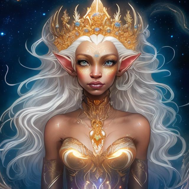 Prompt:  35 year old beautiful brown skinned elf woman in fantasy attire, long wavy bleach white hair, adorned with a gold queen's crown and a gold necklace with a silver wedding ring, bright green eyes with dark blue eyeshadow, soft, kind face, luxurious fantasy dress in dark blue and pale orange, full body, high quality, fantasy, detailed hair, elegant, regal, soft lighting