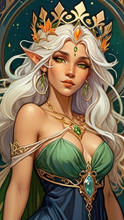 Prompt:  35 year old beautiful elf woman in fantasy attire, long wavy bleach white hair, Brown skin, adorned with a gold queen's crown and a gold necklace with a silver wedding ring, bright green eyes with dark blue eyeshadow, soft, kind face, luxurious fantasy dress in dark blue and pale orange, full body, high quality, fantasy, detailed hair, elegant, regal, soft lighting