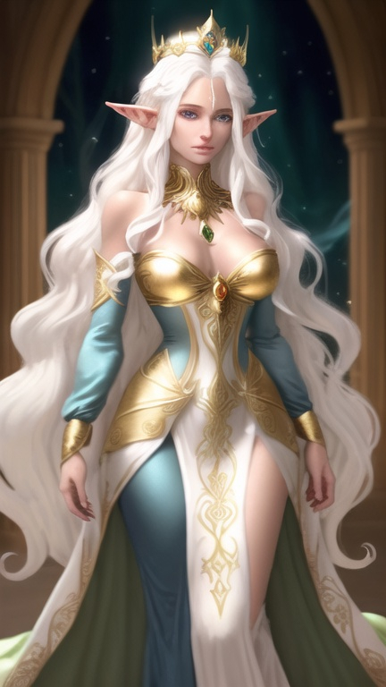 Prompt:  35 year old beautiful elf woman in fantasy attire, long wavy bleach white hair, adorned with a gold queen's crown and a gold necklace with a silver wedding ring, bright green eyes with dark blue eyeshadow, soft, kind face, brown skin, luxurious fantasy dress in dark blue and pale orange, full body, high quality, fantasy, detailed hair, elegant, regal, soft lighting