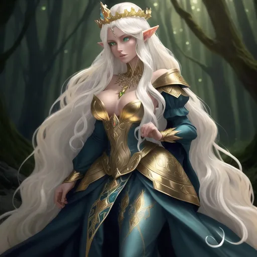 Prompt: Beautiful elf woman in fantasy attire, long wavy bleach white hair, adorned with a gold queen's crown and a gold necklace with a silver wedding ring, bright green eyes with dark blue eyeshadow, soft, kind face, tanned skin, luxurious fantasy dress in dark blue and pale orange, full body, high quality, fantasy, detailed hair, elegant, regal, soft lighting, enchanted forest setting