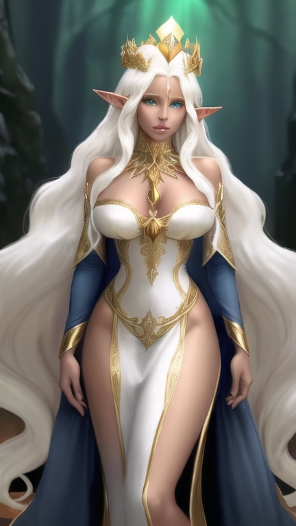 Prompt:  35 year old beautiful elf woman in fantasy attire, long wavy bleach white hair, adorned with a gold queen's crown and a gold necklace with a silver wedding ring, bright green eyes with dark blue eyeshadow, soft, kind face, brown skin, luxurious fantasy dress in dark blue and pale orange, full body, high quality, fantasy, detailed hair, elegant, regal, soft lighting