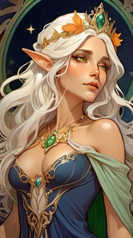 Prompt:  35 year old beautiful elf woman in fantasy attire, long wavy bleach white hair, adorned with a gold queen's crown and a gold necklace with a silver wedding ring, bright green eyes with dark blue eyeshadow, soft, kind face, brown skin, luxurious fantasy dress in dark blue and pale orange, full body, high quality, fantasy, detailed hair, elegant, regal, soft lighting