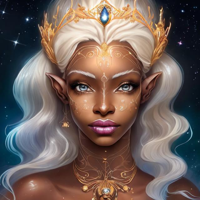 Prompt:  35 year old beautiful brown skinned elf woman in fantasy attire, long wavy bleach white hair, adorned with a gold queen's crown and a gold necklace with a silver wedding ring, bright green eyes with dark blue eyeshadow, soft, kind face, luxurious fantasy dress in dark blue and pale orange, full body, high quality, fantasy, detailed hair, elegant, regal, soft lighting